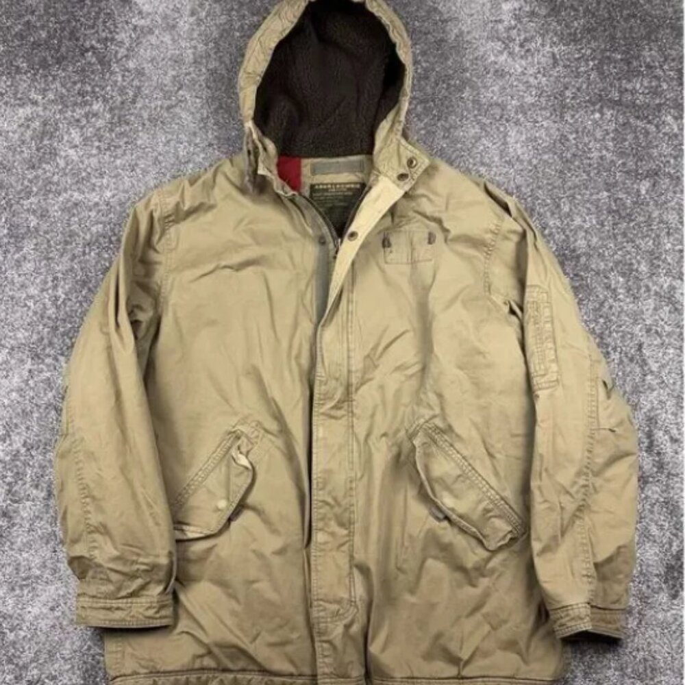 VTG Abercrombie Fitch Y2K Hooded Military Jacket Canvas‎ Quilt Lined Men's XL